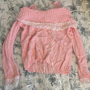 Pink Lace-Trim Off-Shoulder Cable Knit Sweater